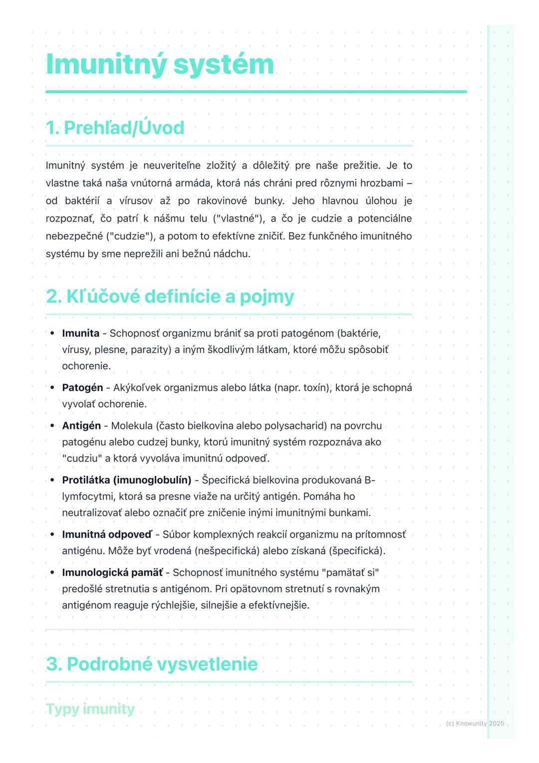 # Imunitný systém

1. Prehľad/Úvod

Imunitný systém je neuveriteľne zložitý a dôležitý pre naše prežitie. Je to
vlastne taká naša vnútorná a