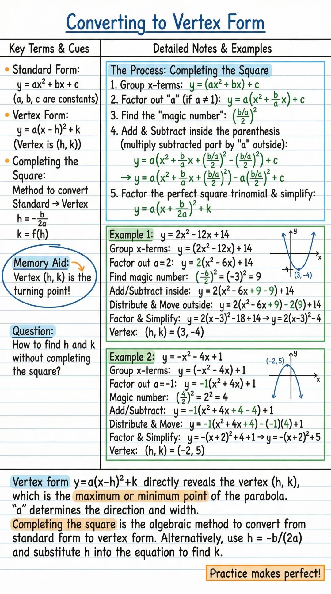 # Converting to Vertex Form

Key Terms & Cues
*   Standard Form:
y = ax2 + bx + c
(a, b, c are constants)
*   Vertex Form:
y = a(x - h)² + k