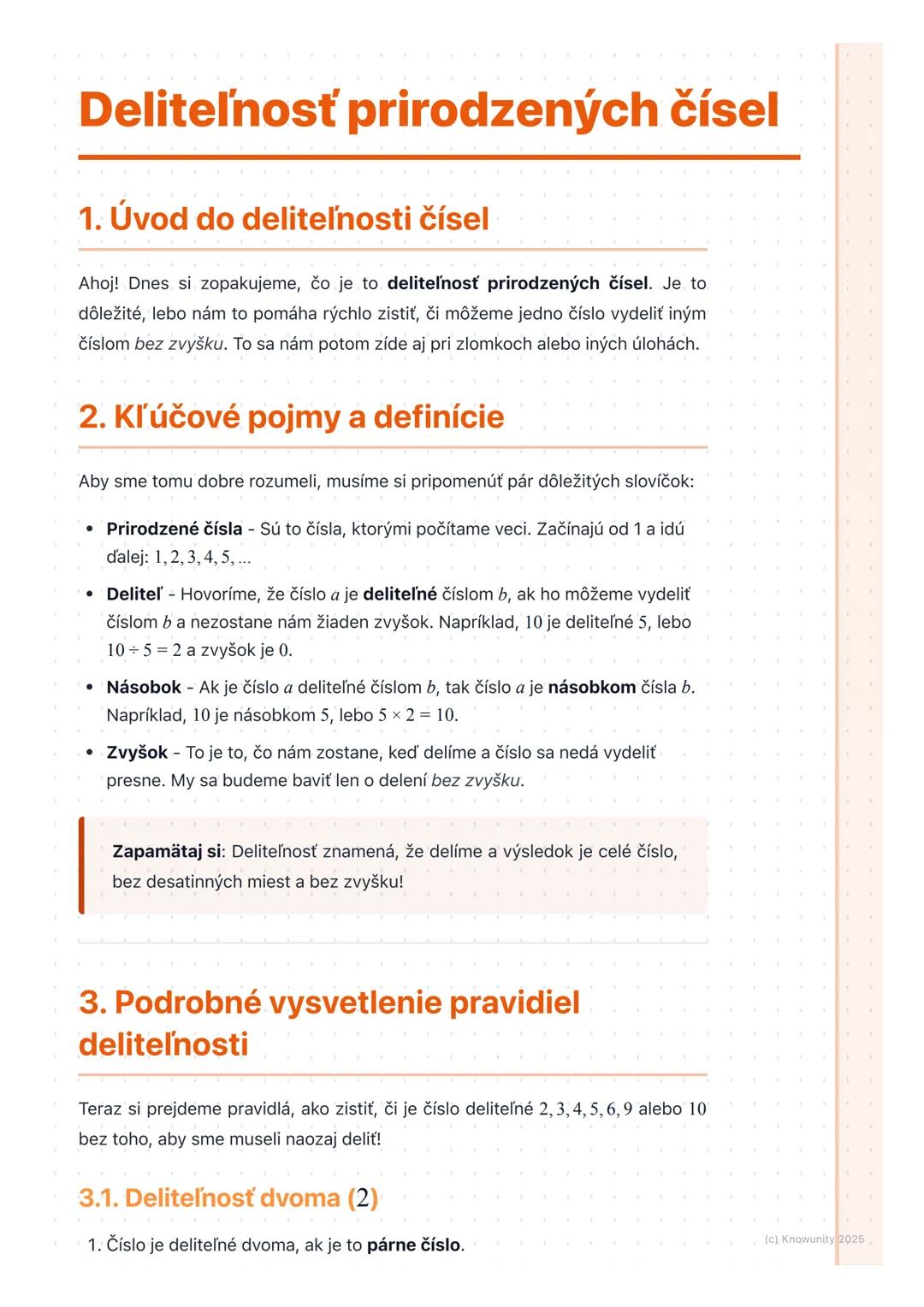 # Deliteľnosť prirodzených čísel

## 1. Úvod do deliteľnosti čísel

Ahoj! Dnes si zopakujeme, čo je to deliteľnosť prirodzených čísel. Je to