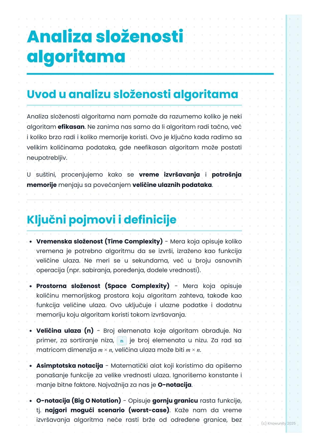 # Analiza složenosti
algoritama

Uvod u analizu složenosti algoritama

Analiza složenosti algoritama nam pomaže da razumemo koliko je neki
a