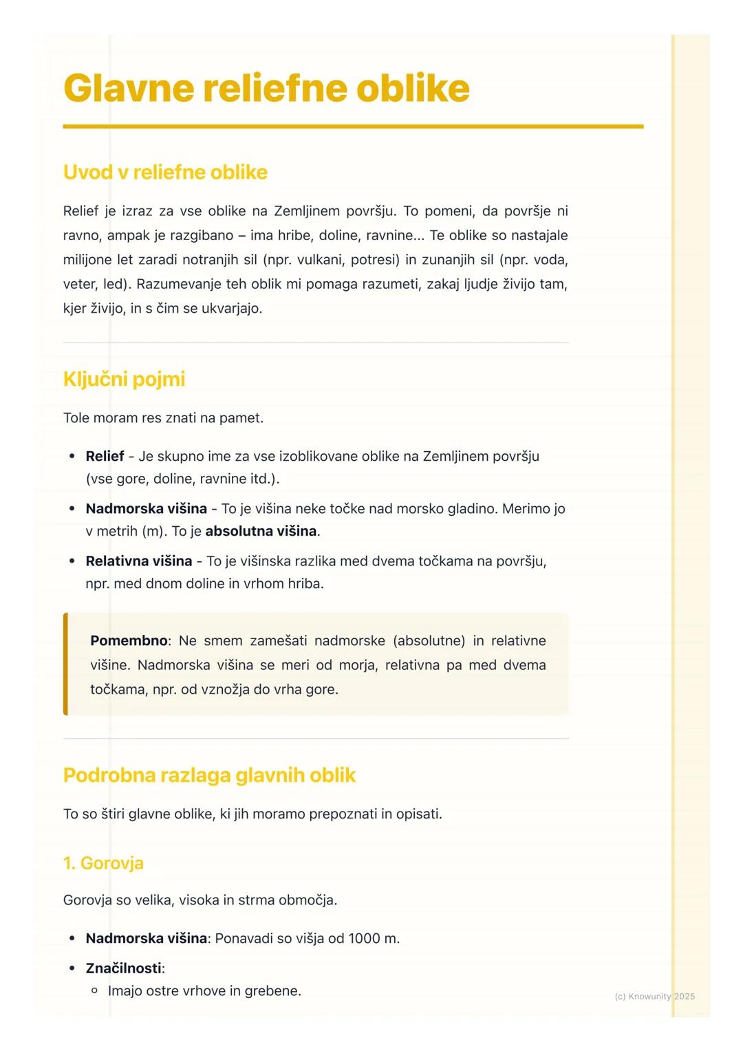 # Glavne reliefne oblike

Uvod v reliefne oblike

Relief je izraz za vse oblike na Zemljinem površju. To pomeni, da površje ni
ravno, ampak 