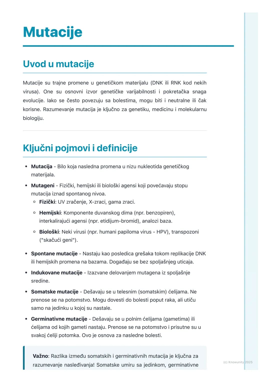 # Mutacije

## Uvod u mutacije

Mutacije su trajne promene u genetičkom materijalu (DNK ili RNK kod nekih
virusa). One su osnovni izvor gene