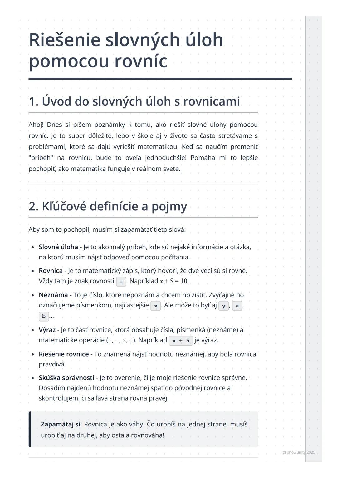 # Riešenie slovných úloh
pomocou rovníc

1. Úvod do slovných úloh s rovnicami

Ahoj! Dnes si píšem poznámky k tomu, ako riešiť slovné úlohy 