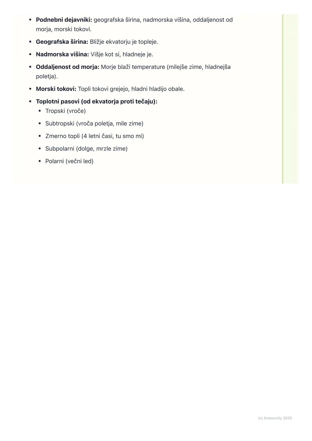# Podnebni dejavniki in
podnebni pasovi

## Podnebni dejavniki

To so stvari, ki vplivajo na to, kakšno bo podnebje v nekem kraju. Podnebje 