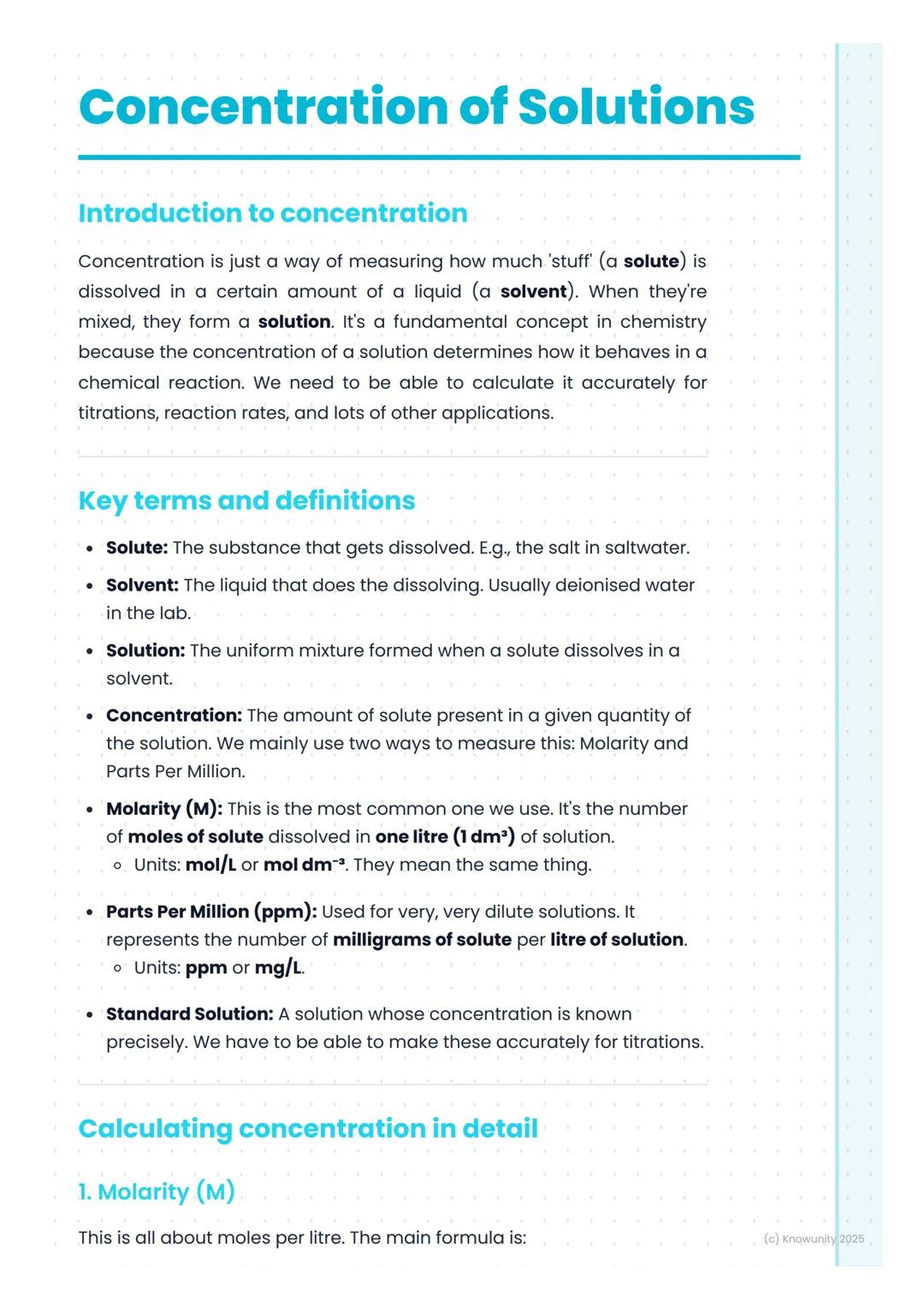 # Concentration of Solutions

## Introduction to concentration

Concentration is just a way of measuring how much 'stuff' (a solute) is
diss