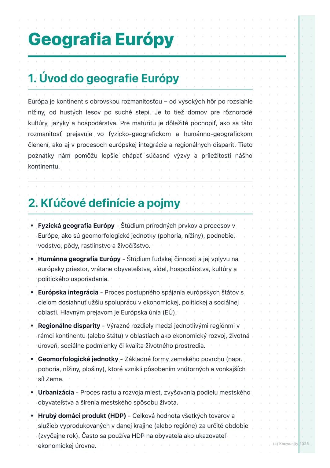 # Geografia Európy

## 1. Úvod do geografie Európy

Európa je kontinent s obrovskou rozmanitosťou od vysokých hôr po rozsiahle
nížiny, od hu