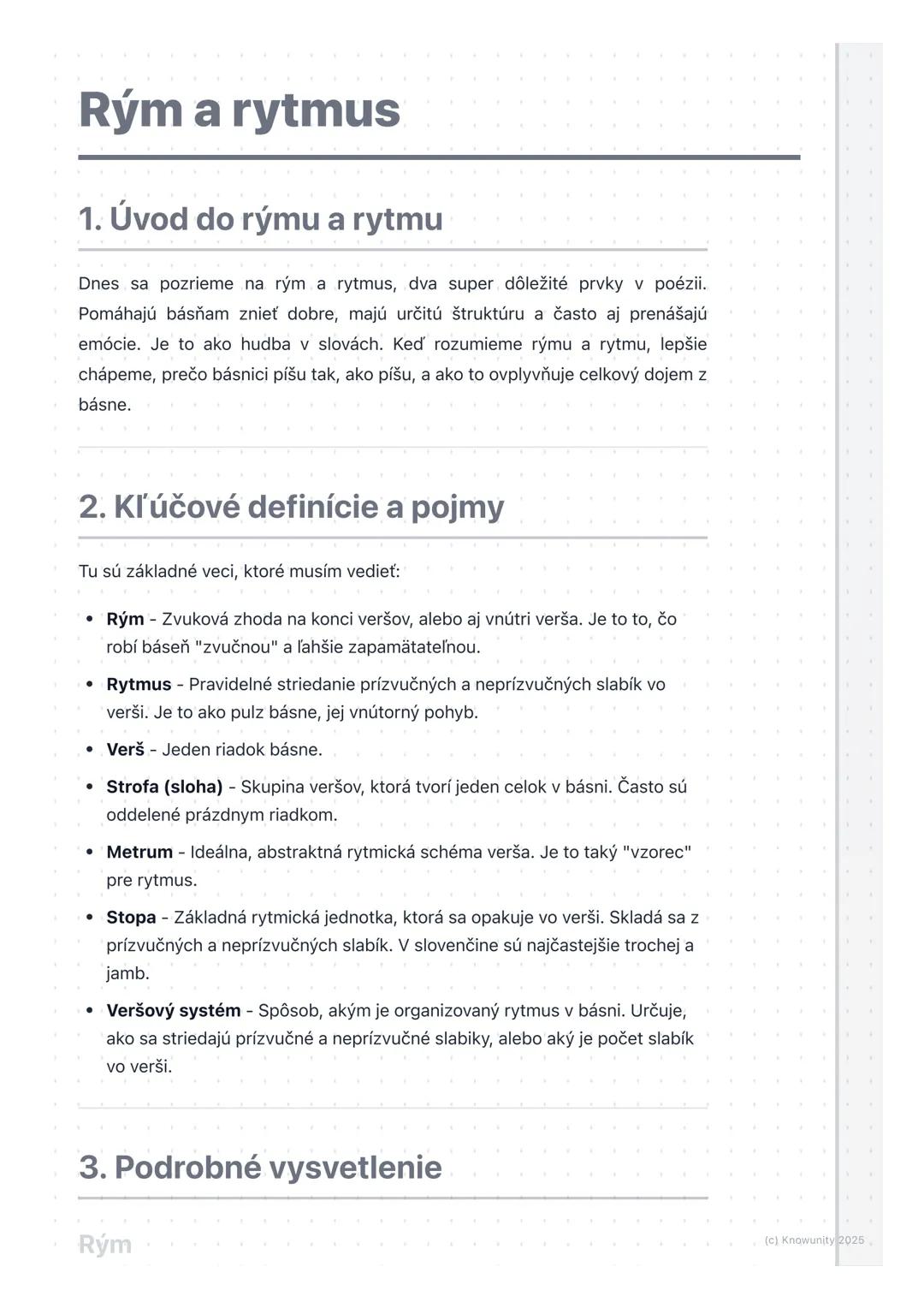 # Rým a rytmus

1. Úvod do rýmu a rytmu

Dnes sa pozrieme na rým a rytmus, dva super dôležité prvky v poézii.
Pomáhajú básňam znieť dobre, m
