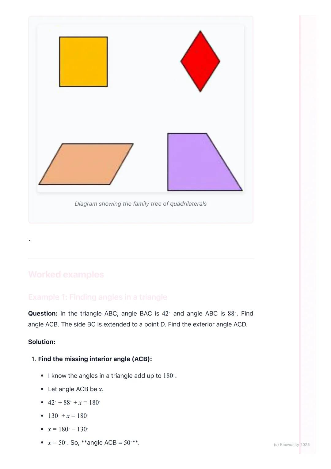# Triangles and Quadrilaterals

Introduction to these shapes

Triangles and quadrilaterals are types of polygons. They are flat, 2D shapes
m