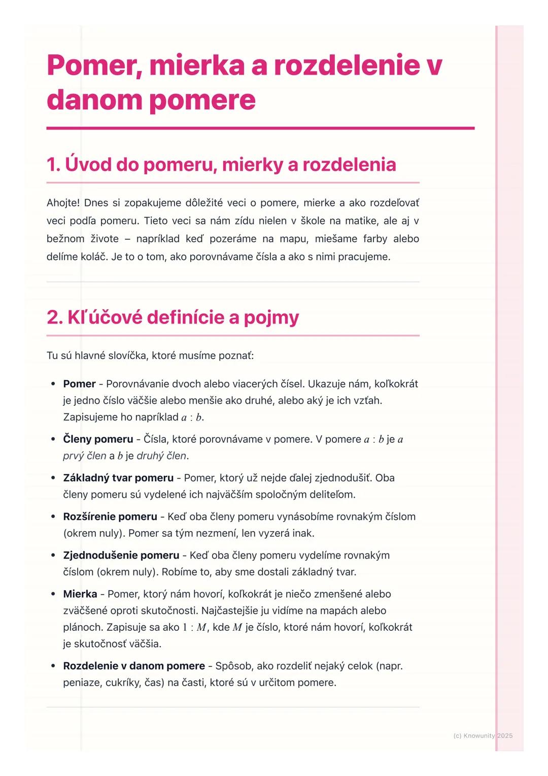 # Pomer, mierka a rozdelenie v
danom pomere

1. Úvod do pomeru, mierky a rozdelenia

Ahojte! Dnes si zopakujeme dôležité veci o pomere, mier