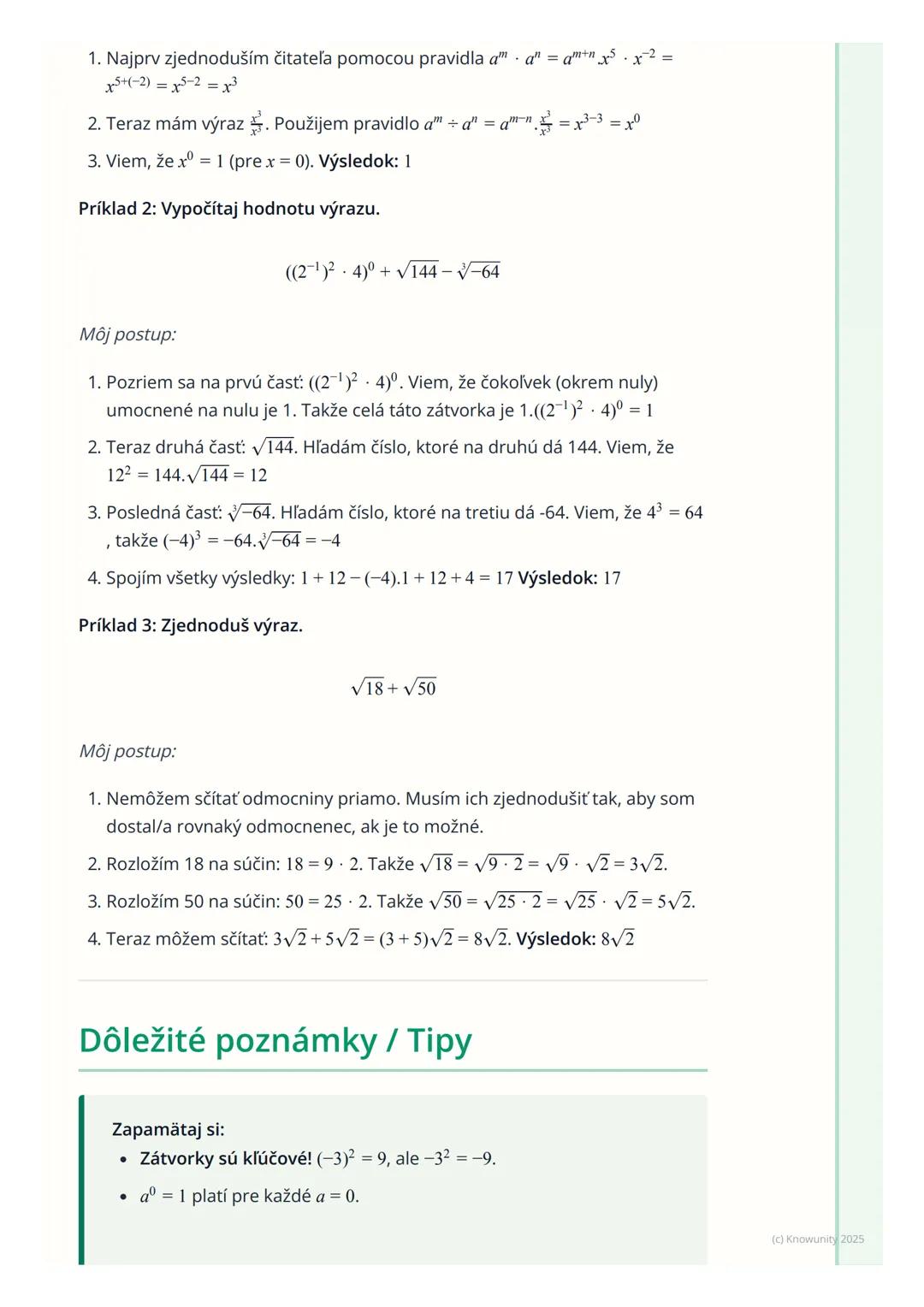 # Mocniny a odmocniny

Prehľad / Úvod

Dnes si zopakujeme mocniny a odmocniny. Je to dôležitá časť matematiky,
ktorú budeme potrebovať pri r