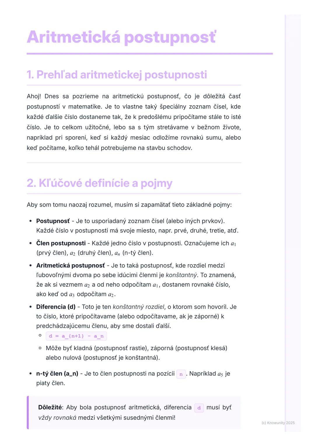 # Aritmetická postupnosť

1. Prehľad aritmetickej postupnosti

Ahoj! Dnes sa pozrieme na aritmetickú postupnosť, čo je dôležitá časť
postupn