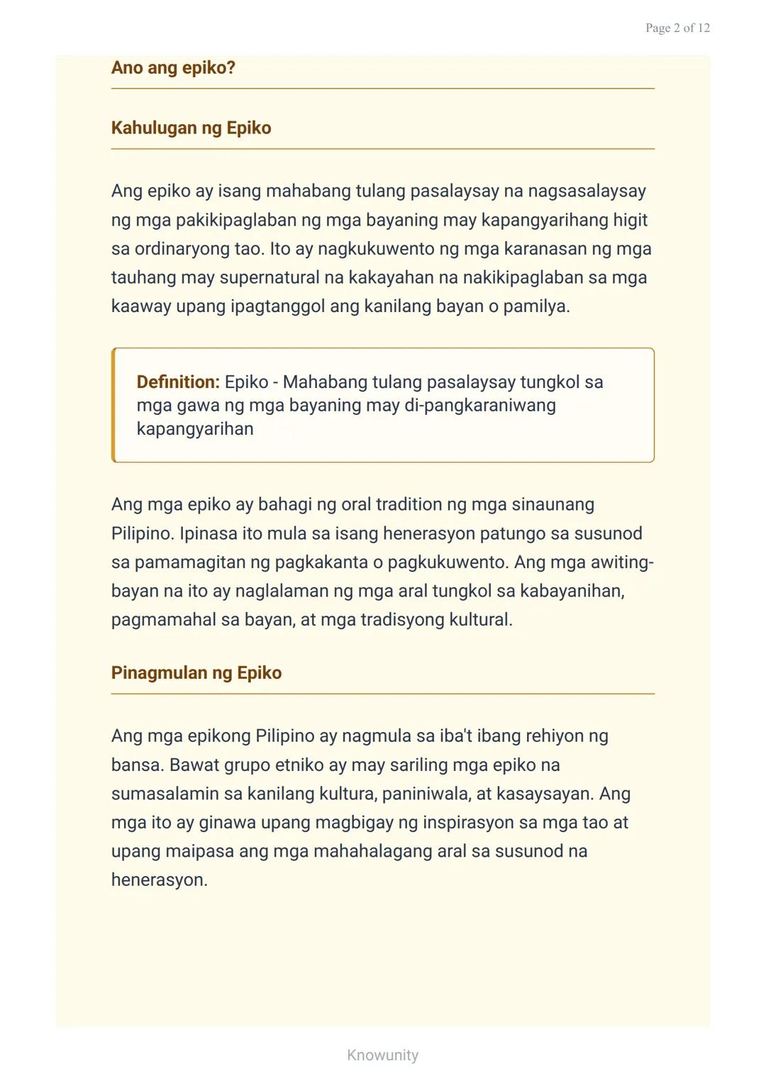 # Epiko: Mga Katangian at Halimbawa sa Panitikang Pilipino

Pag-aaral sa mga katangian ng epiko at mga halimbawang akda

## Mga Layuning Pan