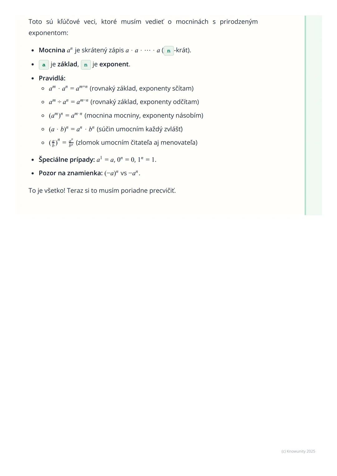 # Mocniny s prirodzeným
exponentom

Úvod do mocnín

Ahoj! Dnes si robím poznámky k mocninám s prirodzeným exponentom. Je to
dôležitá téma, l