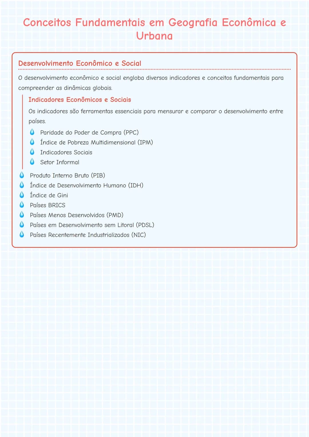 # Conceitos Fundamentais em Geografia Econômica e
Urbana

## Desenvolvimento Econômico e Social

O desenvolvimento econômico e social englob