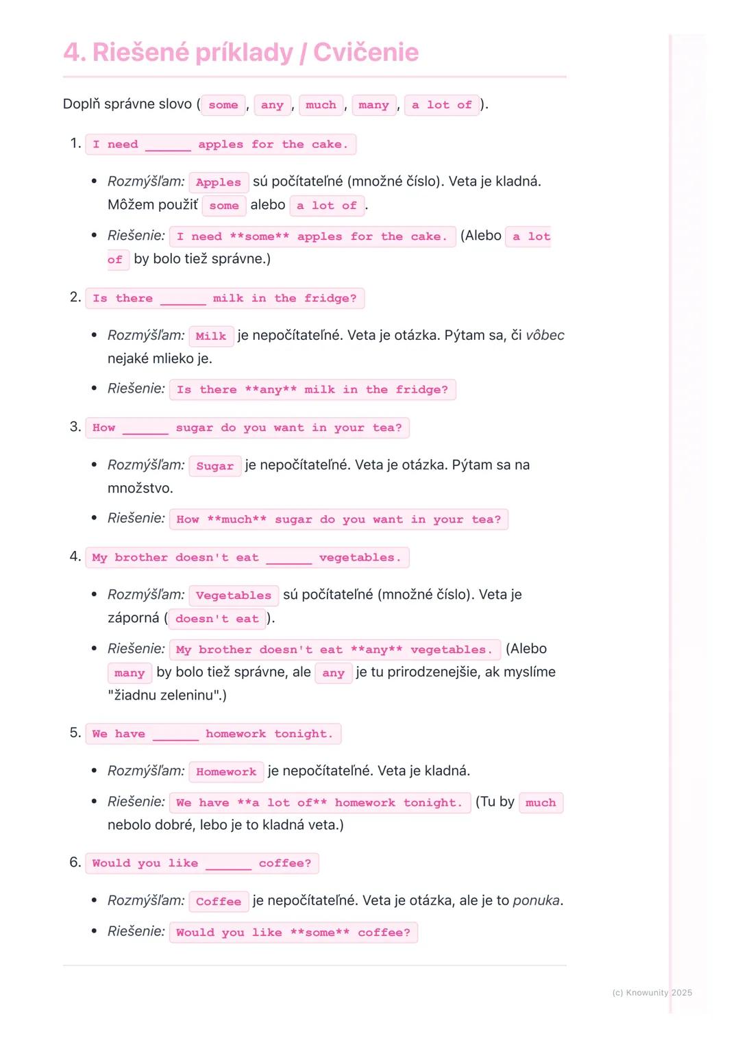 # Gramatika: Some, Any, Much,
# Many, A lot of

1. Prehľad / Úvod

Dnes si zopakujeme slovíčka `some` `any` `much` `many` a `a lot of`.
Tiet