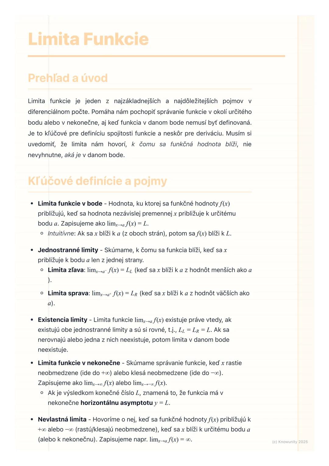 # Limita Funkcie

Prehľad a úvod

Limita funkcie je jeden z najzákladnejších a najdôležitejších pojmov v
diferenciálnom počte. Pomáha nám po
