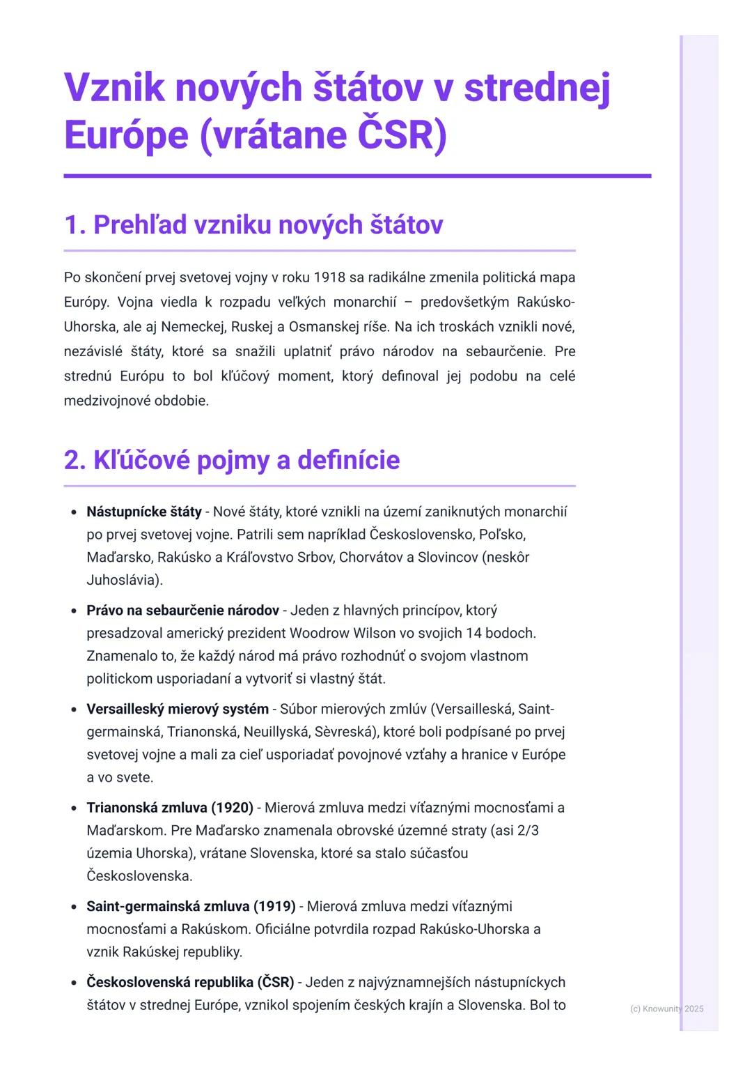 # Vznik nových štátov v strednej
Európe (vrátane ČSR)

1. Prehľad vzniku nových štátov

Po skončení prvej svetovej vojny v roku 1918 sa radi