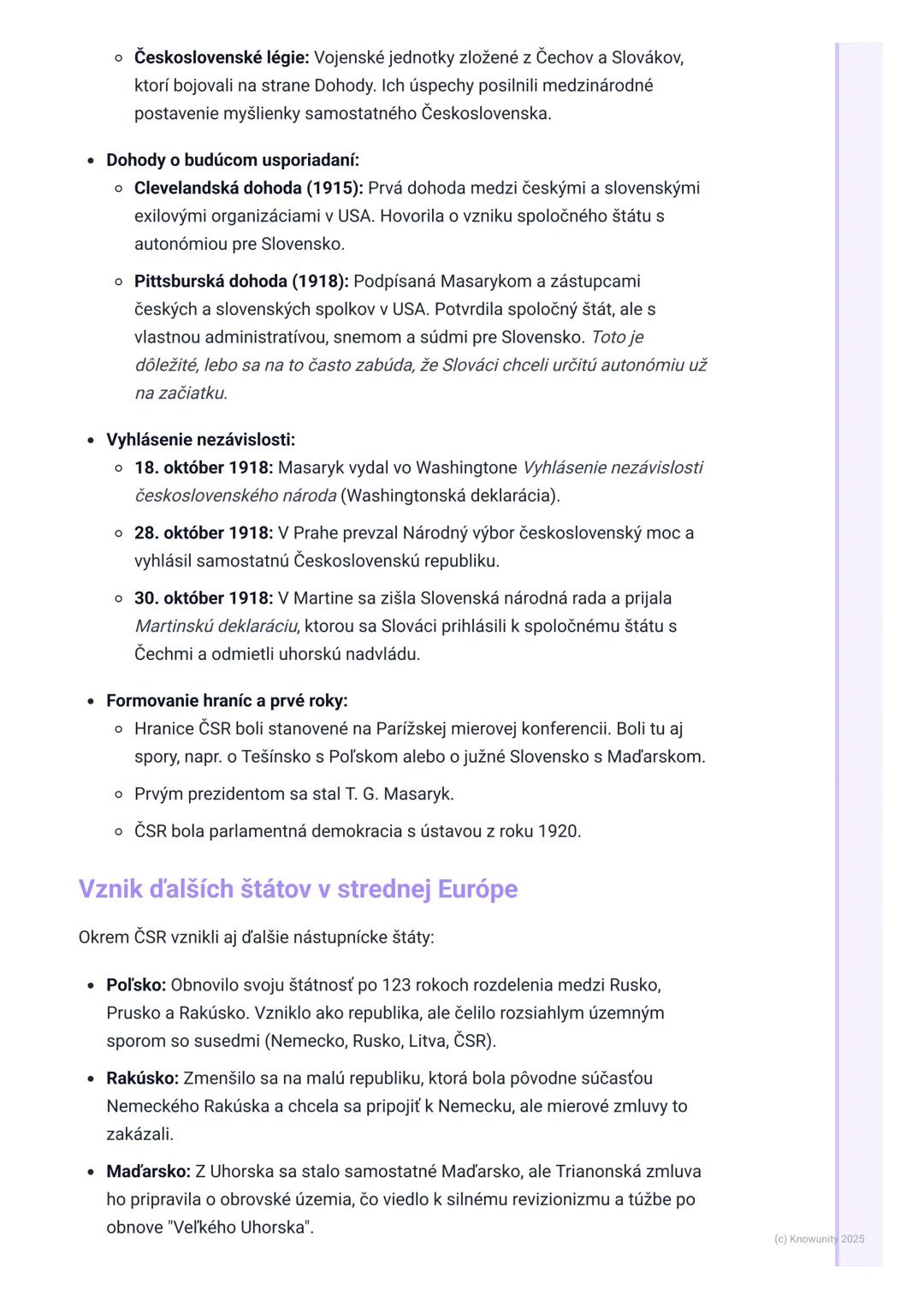 # Vznik nových štátov v strednej
Európe (vrátane ČSR)

1. Prehľad vzniku nových štátov

Po skončení prvej svetovej vojny v roku 1918 sa radi