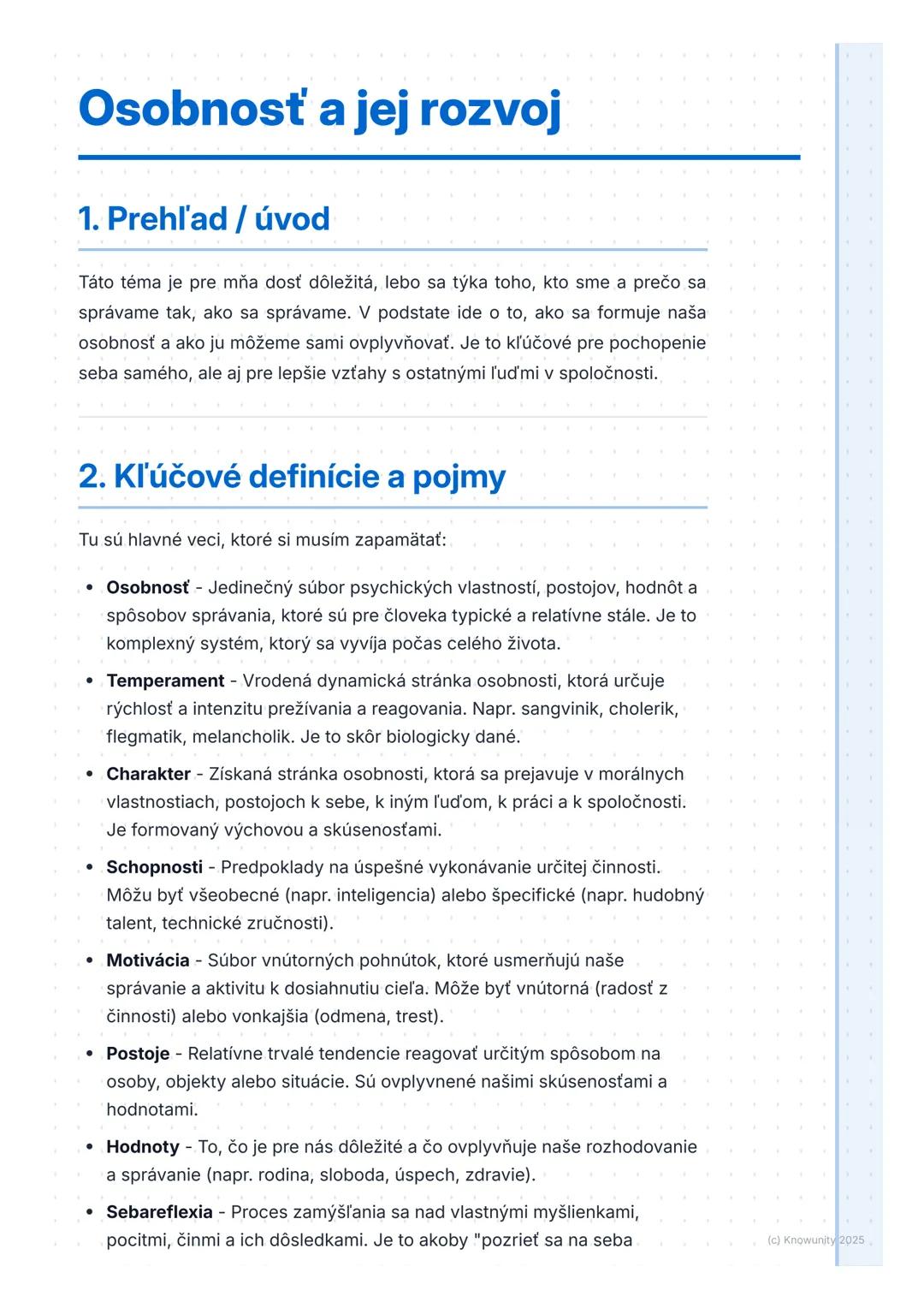 # Osobnosť a jej rozvoj

1. Prehľad / úvod

Táto téma je pre mňa dosť dôležitá, lebo sa týka toho, kto sme a prečo sa
správame tak, ako sa s