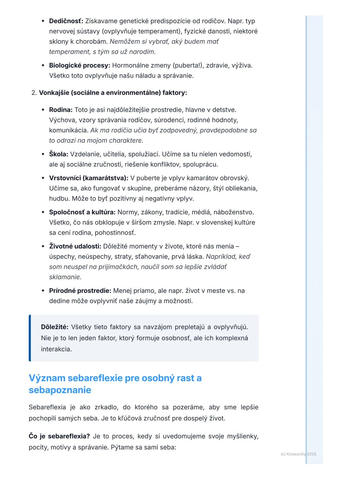 # Osobnosť a jej rozvoj

1. Prehľad / úvod

Táto téma je pre mňa dosť dôležitá, lebo sa týka toho, kto sme a prečo sa
správame tak, ako sa s