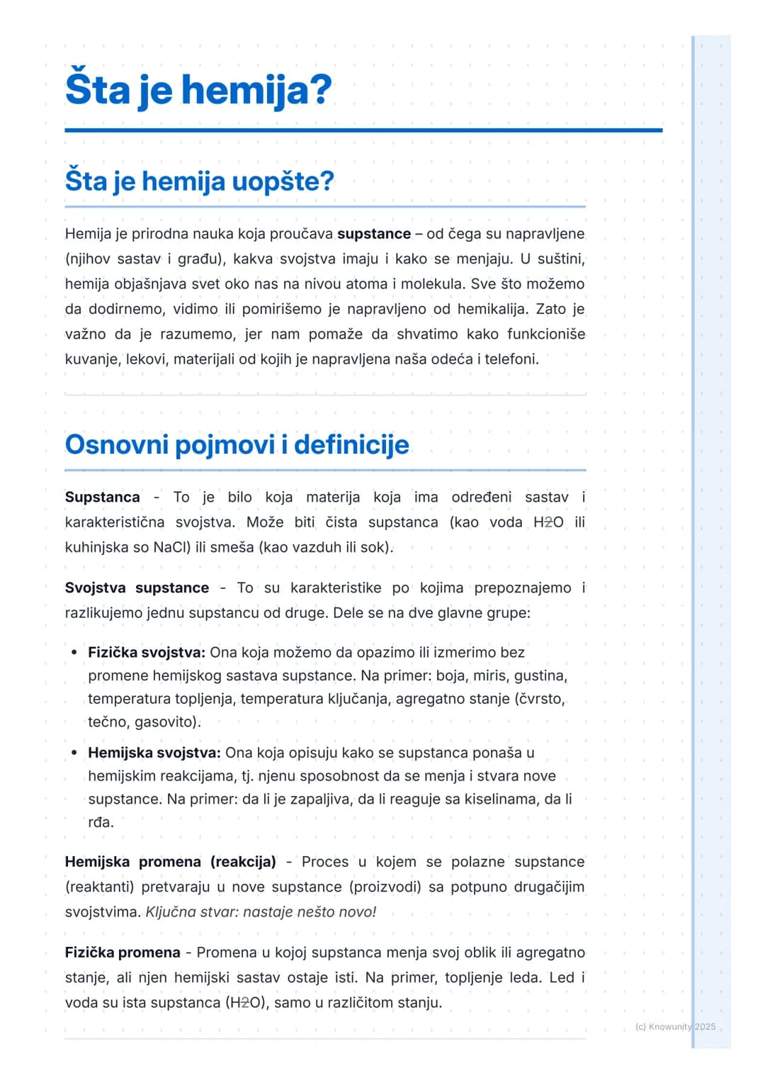 # Šta je hemija?

# Šta je hemija uopšte?

Hemija je prirodna nauka koja proučava supstance - od čega su napravljene
(njihov sastav i građu)