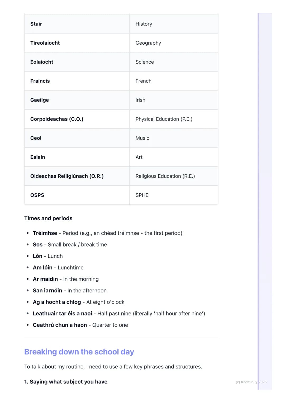 # Amchlár agus Gnáthamh
Scoile (School Timetable and
Routine)

Talking about my school routine

This topic is all about describing my school