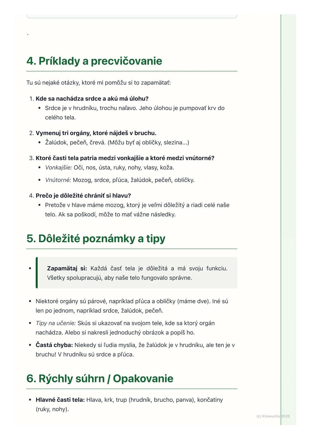 # Základné časti ľudského tela

## 1. Úvod do témy

Dnes sa budeme učiť o základných častiach nášho tela. Je dôležité vedieť, ako
sa volajú 