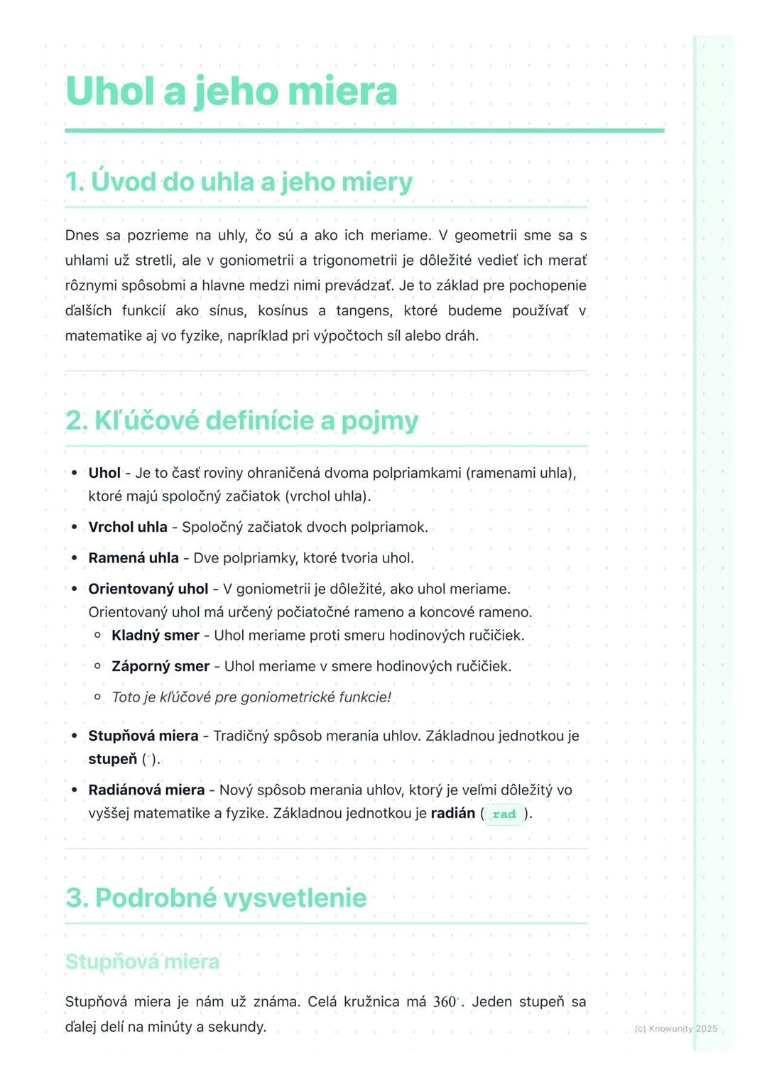 # Uhol a jeho miera

1. Úvod do uhla a jeho miery

Dnes sa pozrieme na uhly, čo sú a ako ich meriame. V geometrii sme sa s
uhlami už stretli