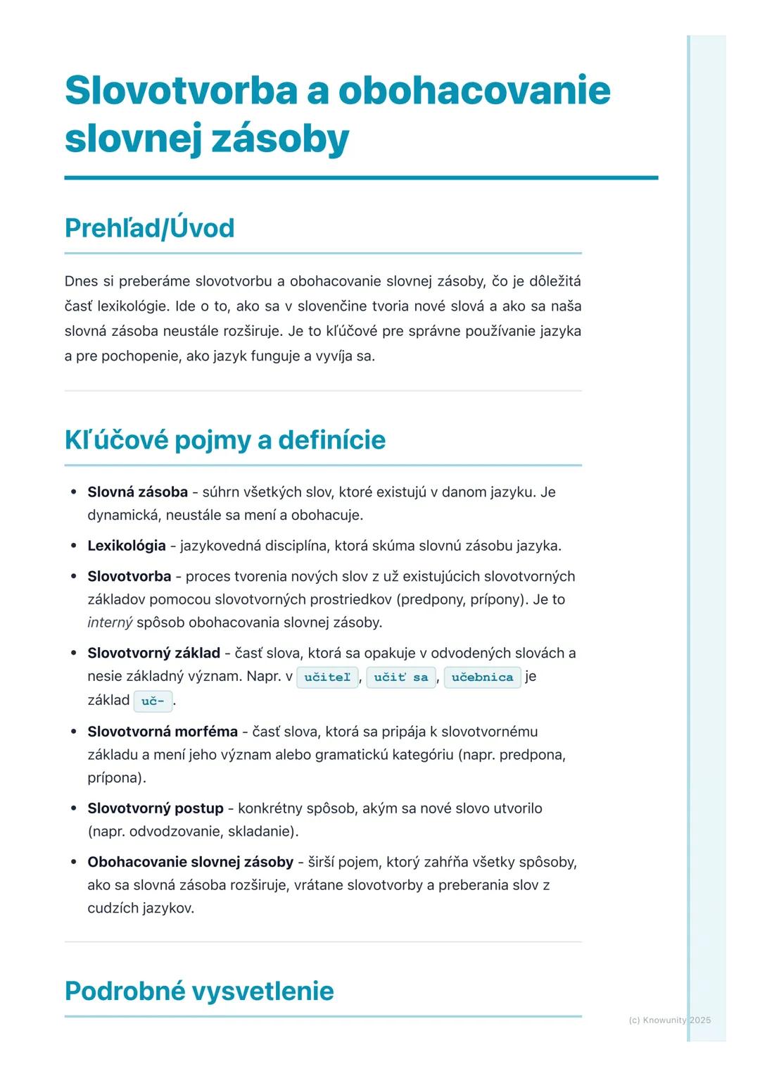 # Slovotvorba a obohacovanie
slovnej zásoby

## Prehľad/Úvod

Dnes si preberáme slovotvorbu a obohacovanie slovnej zásoby, čo je dôležitá
ča