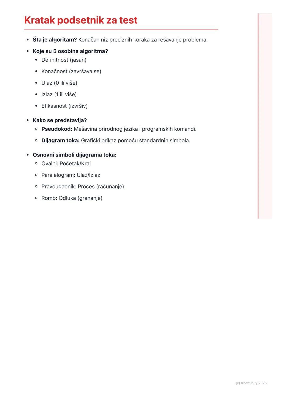 # Uvod u algoritme

## Uvod i definicija

Algoritam je u suštini kao recept za kuvanje ili uputstvo za sklapanje
nameštaja. To je niz preciz