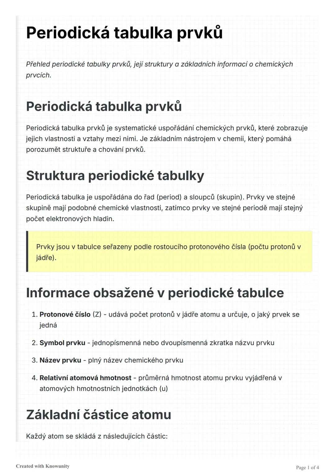 Periodická tabulka prvků
Přehled periodické tabulky prvků, její struktury a základních informací o chemických
prvcích.
Periodická tabulka pr