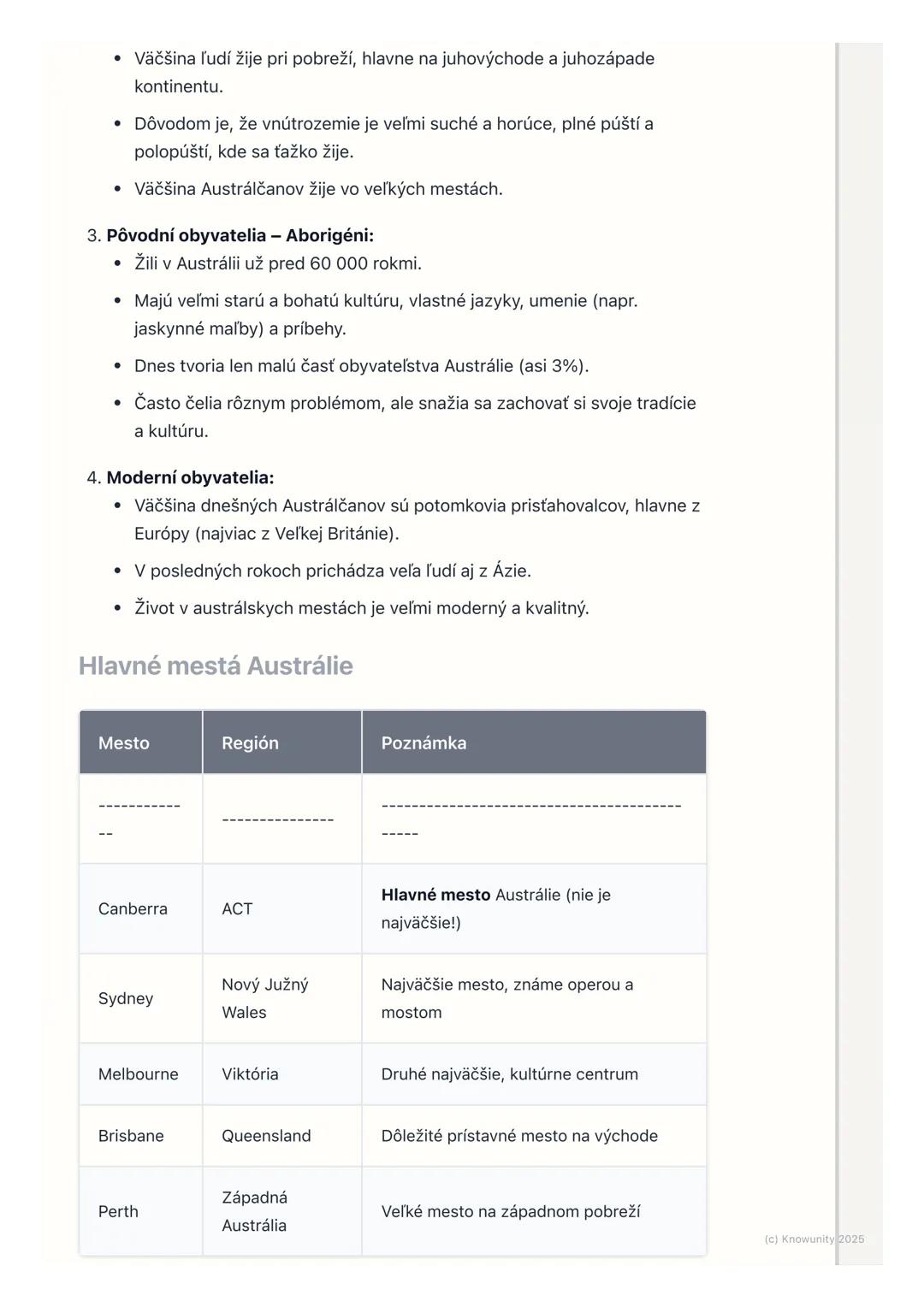# Obyvateľstvo a hospodárstvo
Austrálie

1. Prehľad obyvateľstva a hospodárstva
Austrálie

Austrália je obrovský kontinent, ale žije tam pre