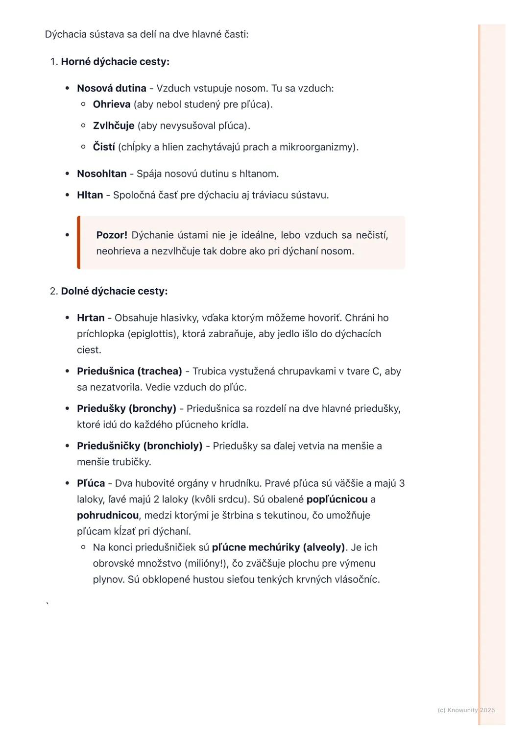 # Dýchacia sústava

## 1. Prehľad dýchacej sústavy

Dýchacia sústava je super dôležitá časť nášho tela, ktorá nám umožňuje
dýchať. Jej hlavn