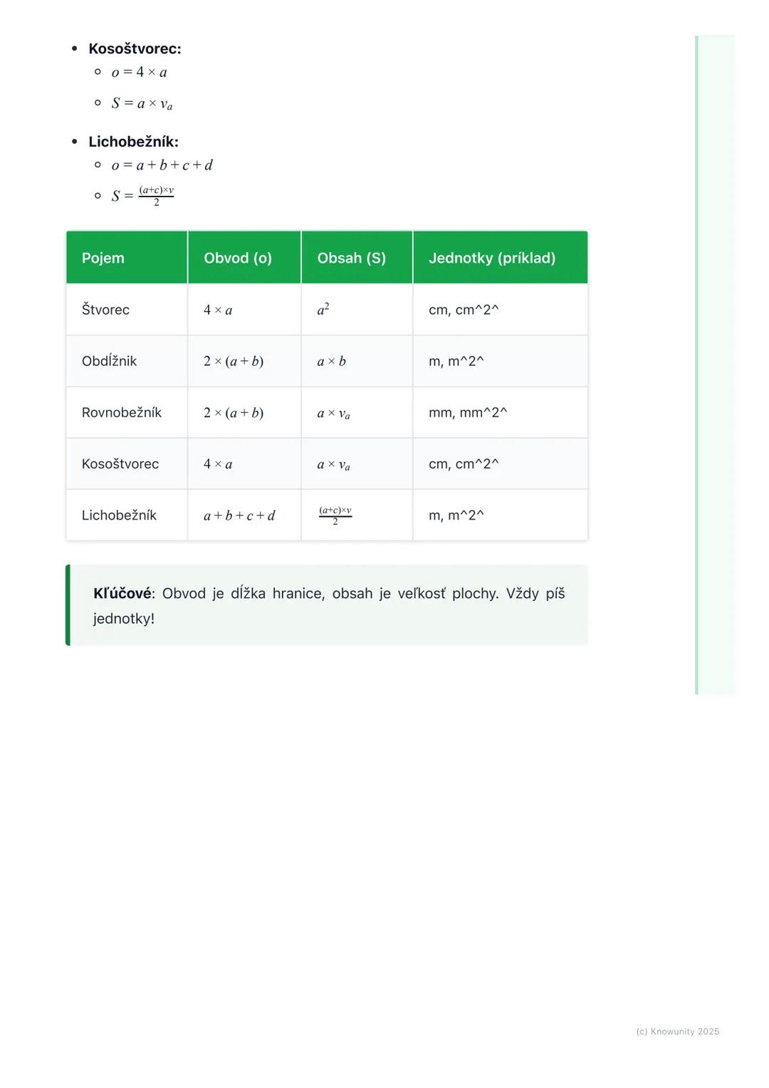 # Obvod a obsah štvoruholníkov

1. Prehľad obvodu a obsahu
štvoruholníkov

Dnes sa budeme učiť o štvoruholníkoch a ako vypočítať ich obvod a