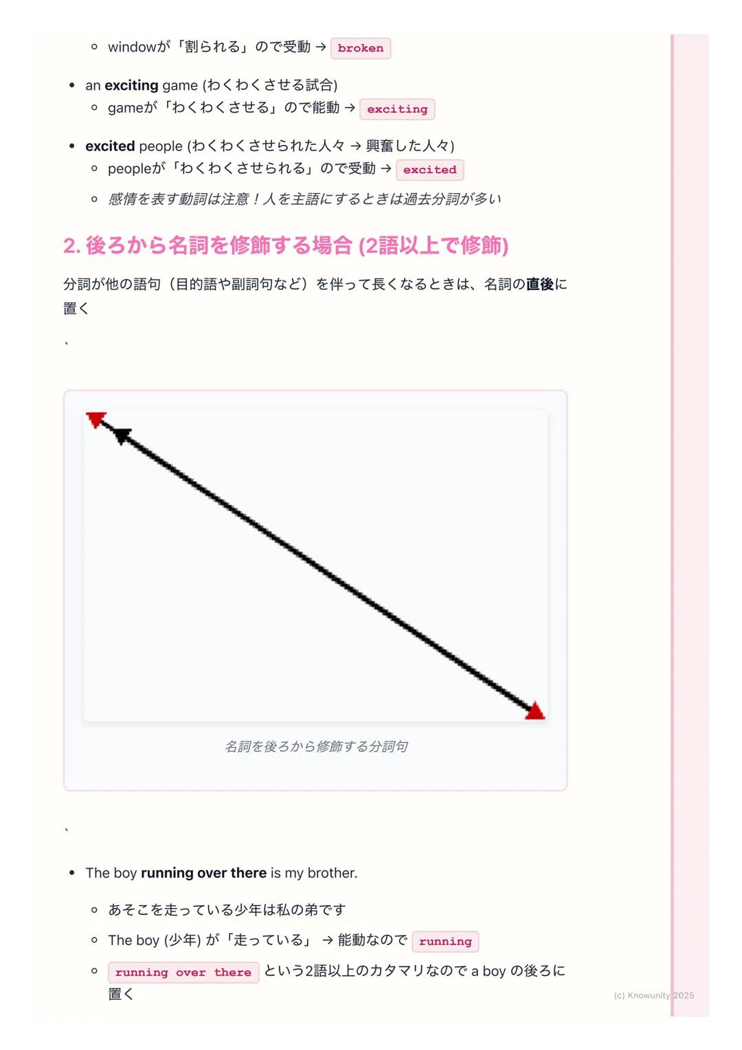 # 分詞の用法

分詞とは?

動詞の形を変えて、形容詞や副詞のような働きをさせるもの分詞を使うと、文
がスッキリして、より詳しい情報を伝えられるようになる 現在分詞 (-ing)と
過去分詞 (p.p.) の2種類がある

## 現在分詞と過去分詞の基本ルール

一番大事なのは