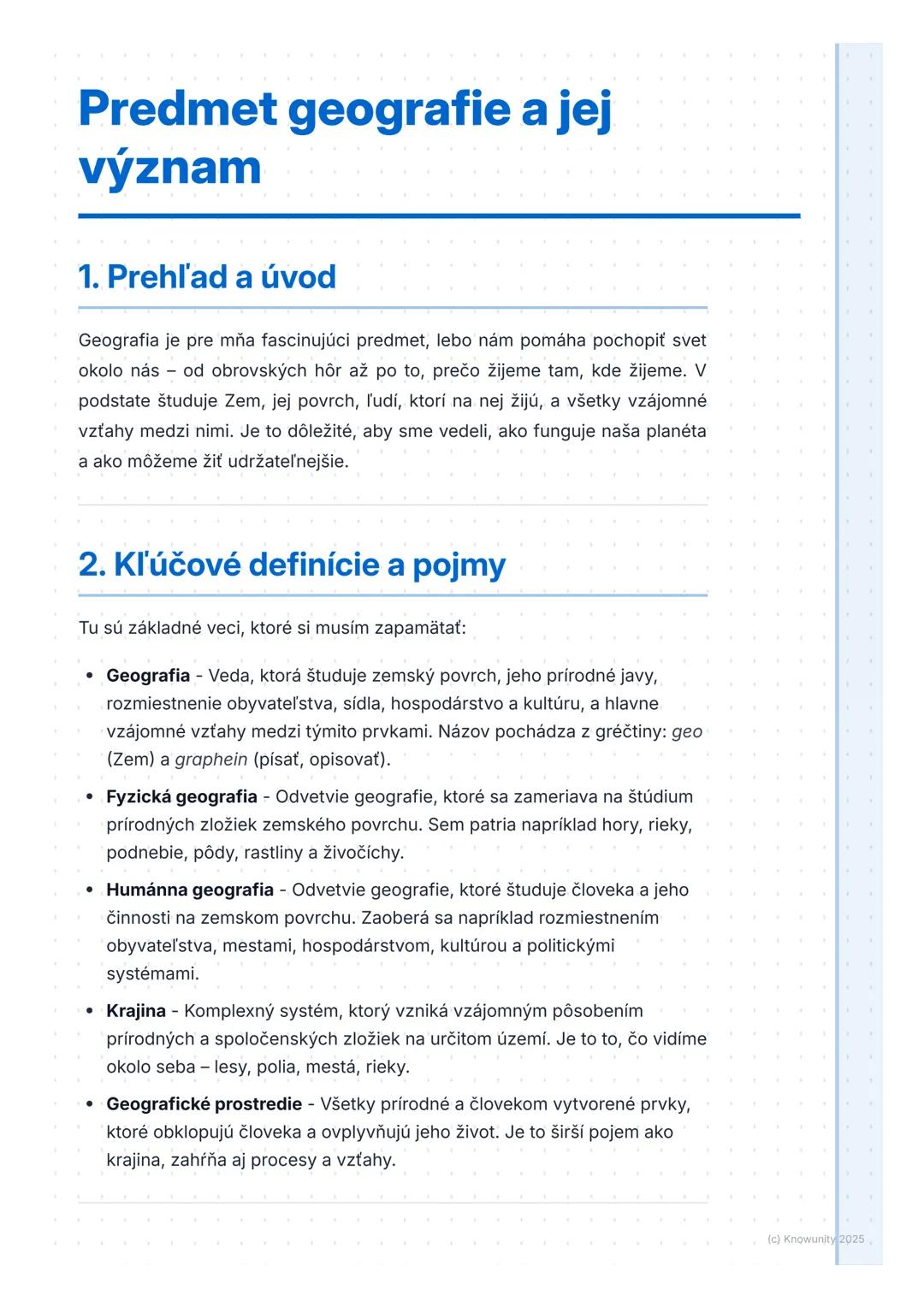 # Predmet geografie a jej
význam

1. Prehľad a úvod

Geografia je pre mňa fascinujúci predmet, lebo nám pomáha pochopiť svet
okolo nás od ob