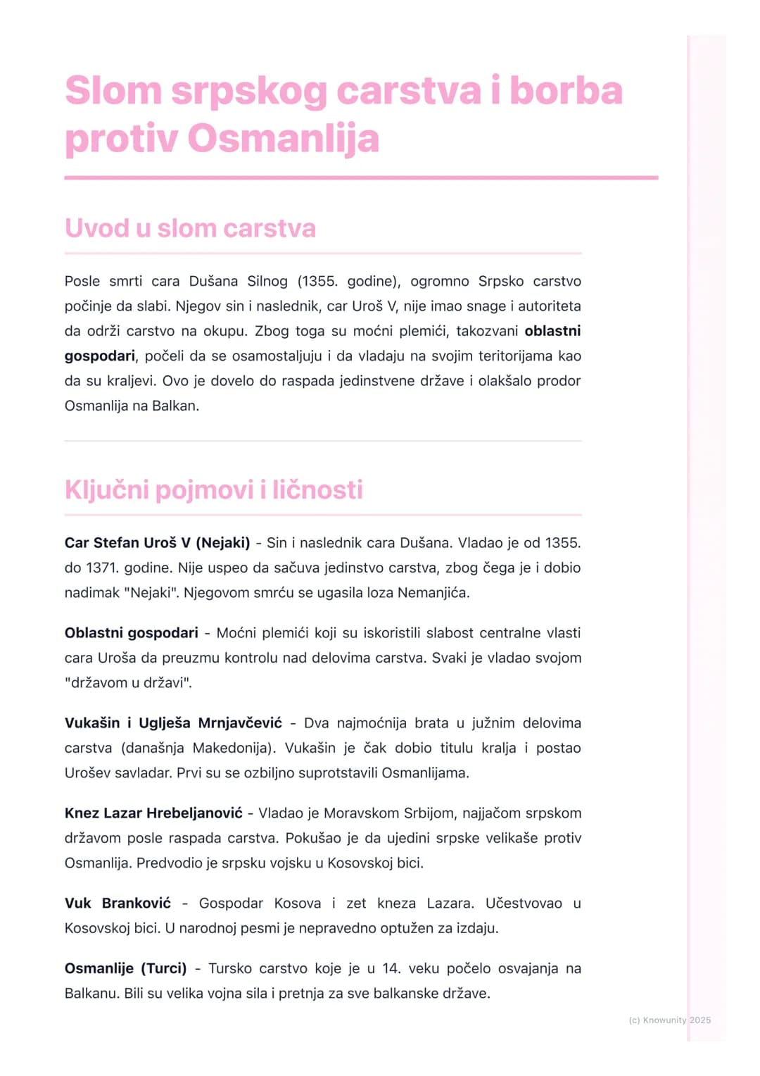 # Slom srpskog carstva i borba
protiv Osmanlija

Uvod u slom carstva

Posle smrti cara Dušana Silnog (1355. godine), ogromno Srpsko carstvo

