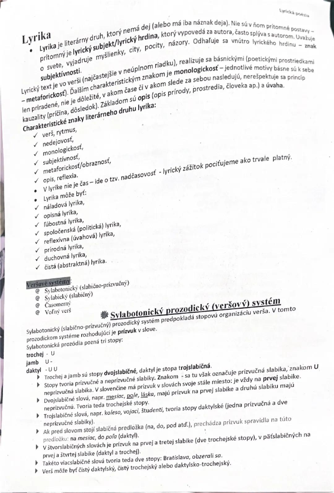 # Lyrika
Lyrická poezia

*   Lyrika je literárny druh, ktorý nemá dej (alebo má iba náznak deja). Nie sú v ňom prítomné postavy-
    prítomn