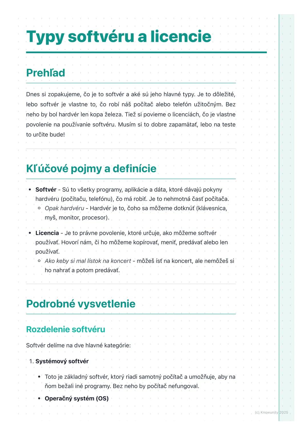 # Typy softvéru a licencie

Prehľad

Dnes si zopakujeme, čo je to softvér a aké sú jeho hlavné typy. Je to dôležité,
lebo softvér je vlastne