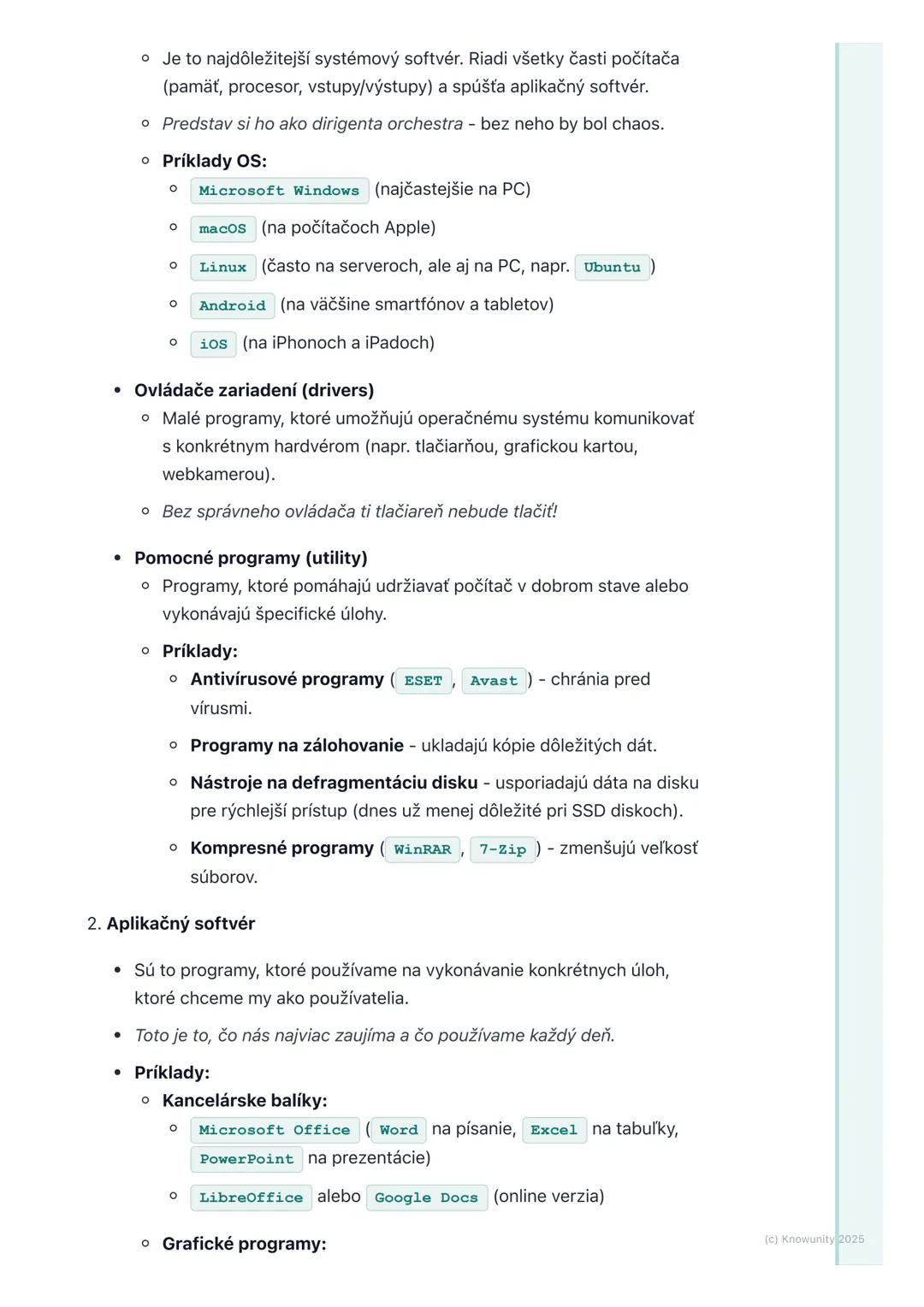 # Typy softvéru a licencie

Prehľad

Dnes si zopakujeme, čo je to softvér a aké sú jeho hlavné typy. Je to dôležité,
lebo softvér je vlastne