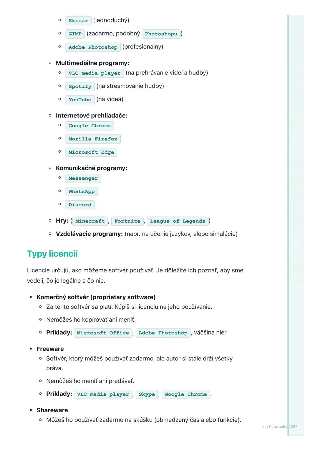 # Typy softvéru a licencie

Prehľad

Dnes si zopakujeme, čo je to softvér a aké sú jeho hlavné typy. Je to dôležité,
lebo softvér je vlastne
