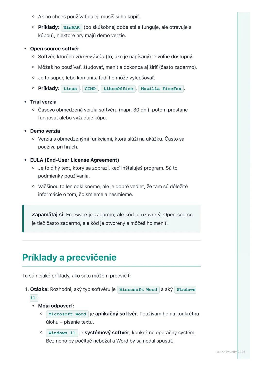 # Typy softvéru a licencie

Prehľad

Dnes si zopakujeme, čo je to softvér a aké sú jeho hlavné typy. Je to dôležité,
lebo softvér je vlastne