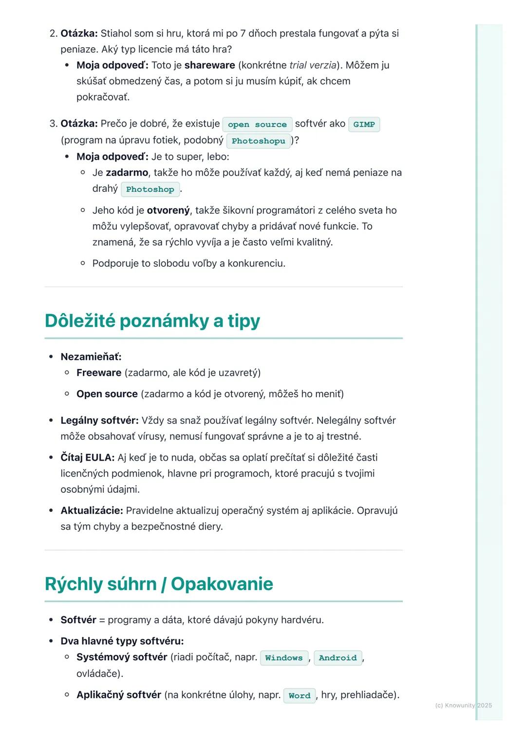 # Typy softvéru a licencie

Prehľad

Dnes si zopakujeme, čo je to softvér a aké sú jeho hlavné typy. Je to dôležité,
lebo softvér je vlastne