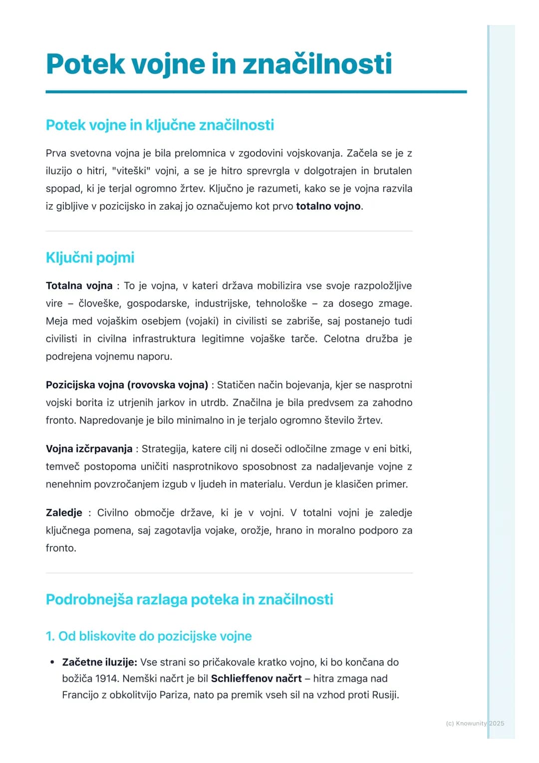 # Potek vojne in značilnosti

## Potek vojne in ključne značilnosti

Prva svetovna vojna je bila prelomnica v zgodovini vojskovanja. Začela 