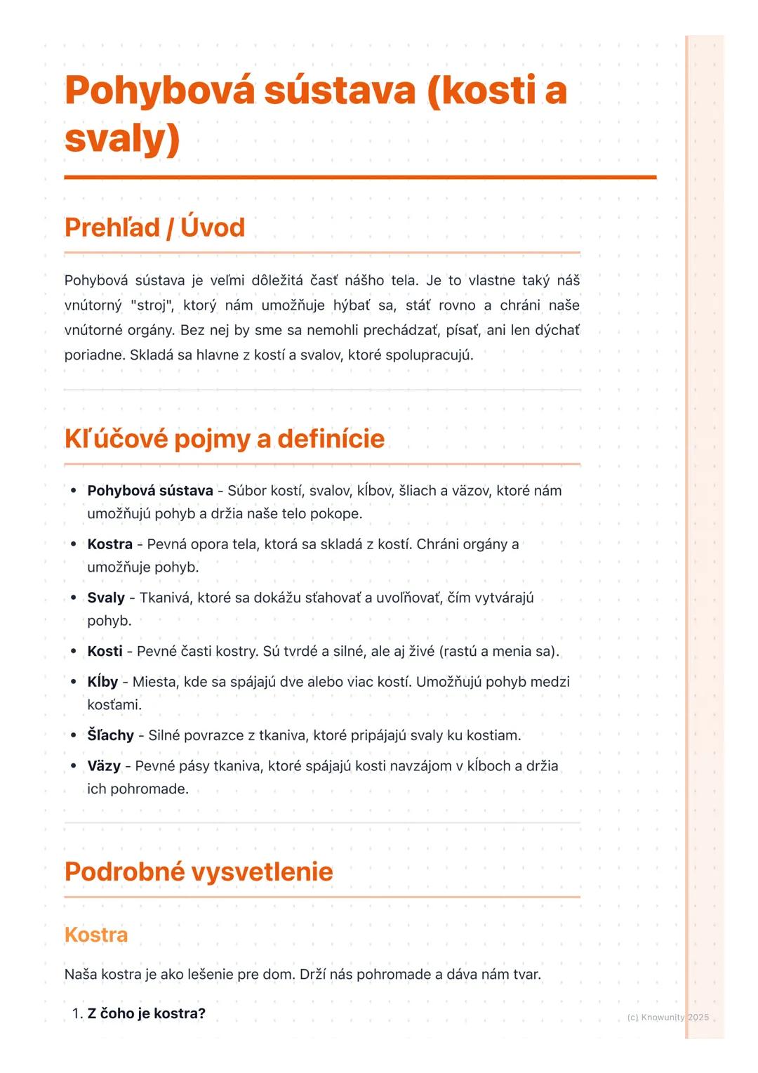 # Pohybová sústava (kosti a
svaly)

Prehľad / Úvod

Pohybová sústava je veľmi dôležitá časť nášho tela. Je to vlastne taký náš
vnútorný "str