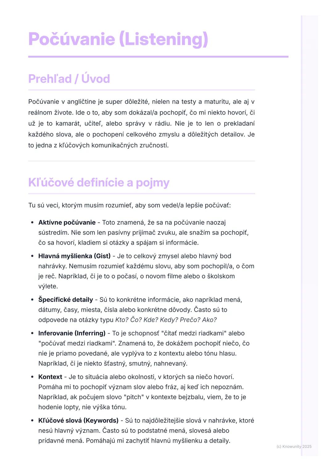 # Počúvanie (Listening)

Prehľad / Úvod

Počúvanie v angličtine je super dôležité, nielen na testy a maturitu, ale aj v
reálnom živote. Ide 