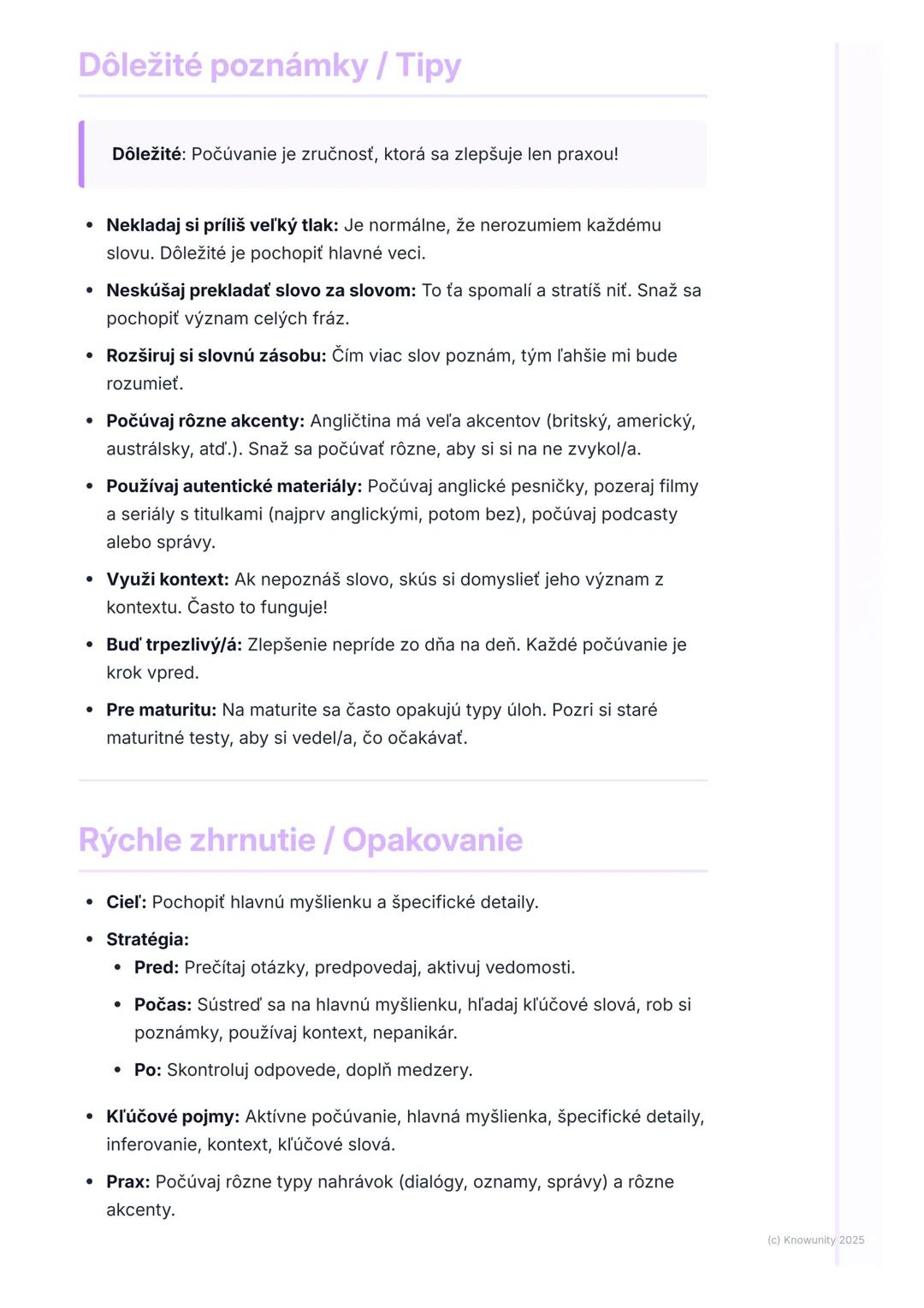 # Počúvanie (Listening)

Prehľad / Úvod

Počúvanie v angličtine je super dôležité, nielen na testy a maturitu, ale aj v
reálnom živote. Ide 