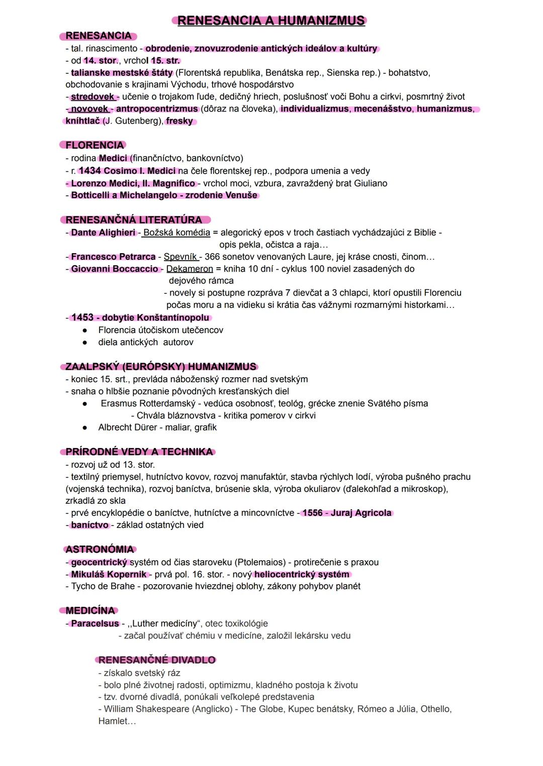 # RENESANCIA A HUMANIZMUS
RENESANCIA
- tal. rinascimento - obrodenie, znovuzrodenie antických ideálov a kultúry
- od 14. stor., vrchol 15. s