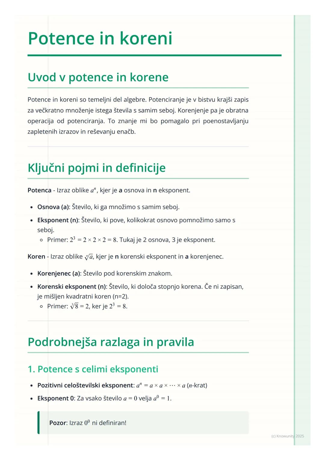 # Potence in koreni
Uvod v potence in korene
Potence in koreni so temeljni del algebre. Potenciranje je v bistvu krajši zapis
za večkratno