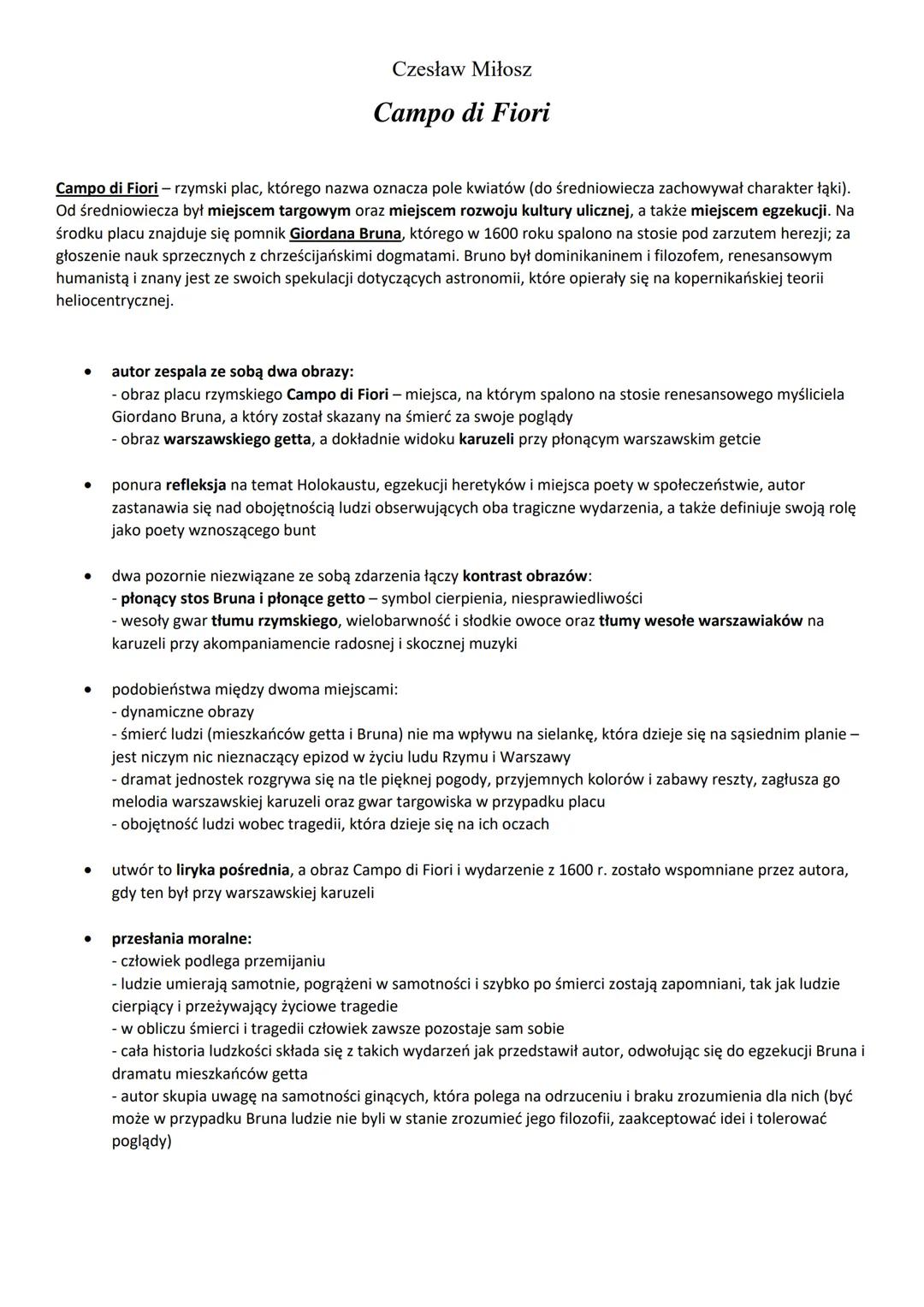 Czesław Miłosz
Campo di Fiori
Campo di Fiori - rzymski plac, którego nazwa oznacza pole kwiatów (do średniowiecza zachowywał charakter łąk